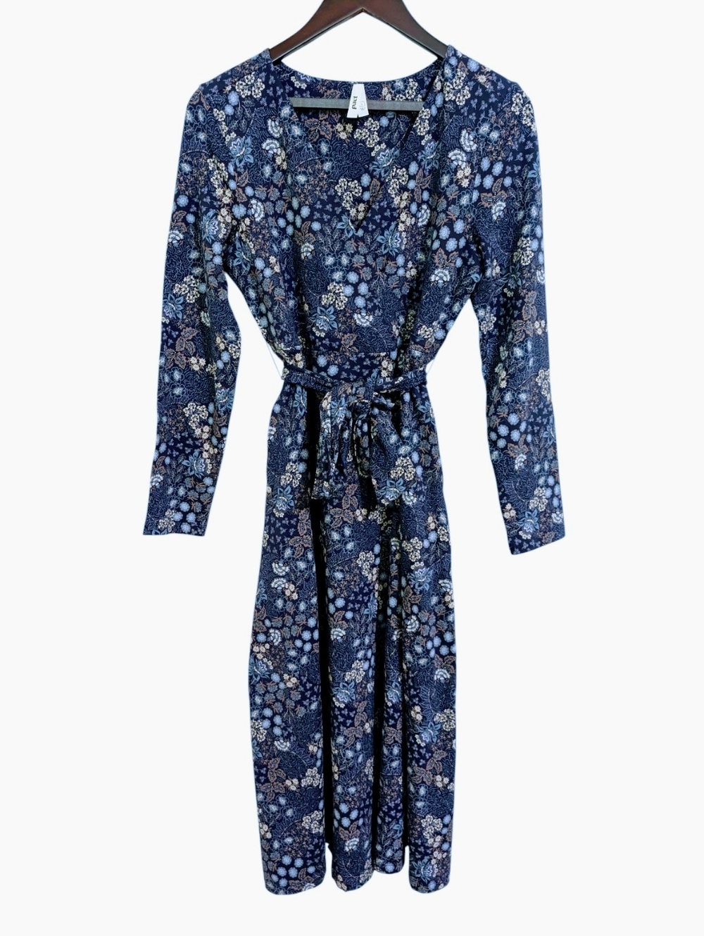 Pact Organic Cotton Floral V-Neck Midi Dress Pockets Tie Waist Blue L - Picture 2 of 8